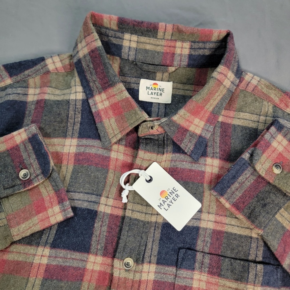 New Marine Layer Balboa Shirt Men's Medium Plaid Button Down Long Sleeve Neutral